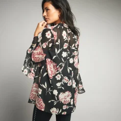 Feestoutfits Dames|Bloes En Tuniek<Lora Zellini Ruime tuniek, in bedrukte voile zwart / beige