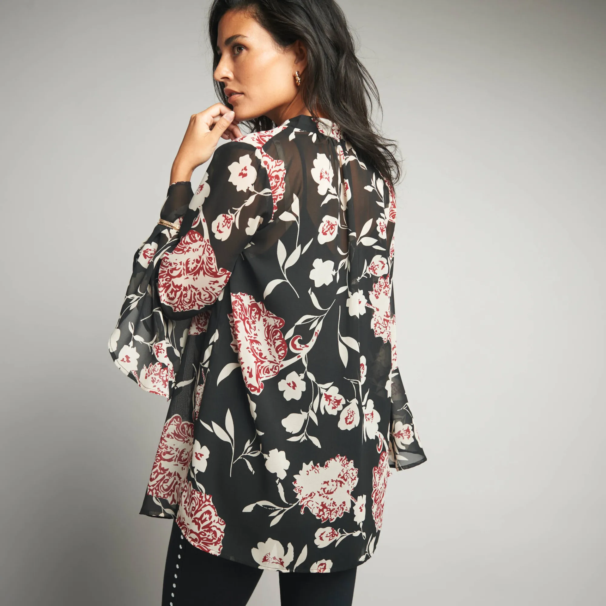 Feestoutfits Dames|Bloes En Tuniek<Lora Zellini Ruime tuniek, in bedrukte voile zwart / beige