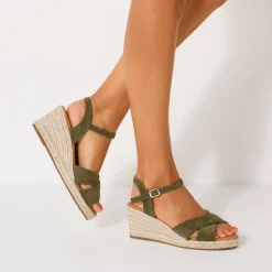 Sandalen En Espadrilles|Schoenen<Blancheporte Sandalen met sleehak en gekruiste riempjes kaki
