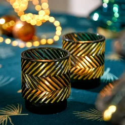 Feesttafel|Lichtgevende Decoratie<Blancheporte Set van 2 glazen theelichthouders smaragd/goudkleur