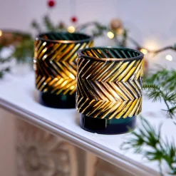 Feesttafel|Lichtgevende Decoratie<Blancheporte Set van 2 glazen theelichthouders smaragd/goudkleur