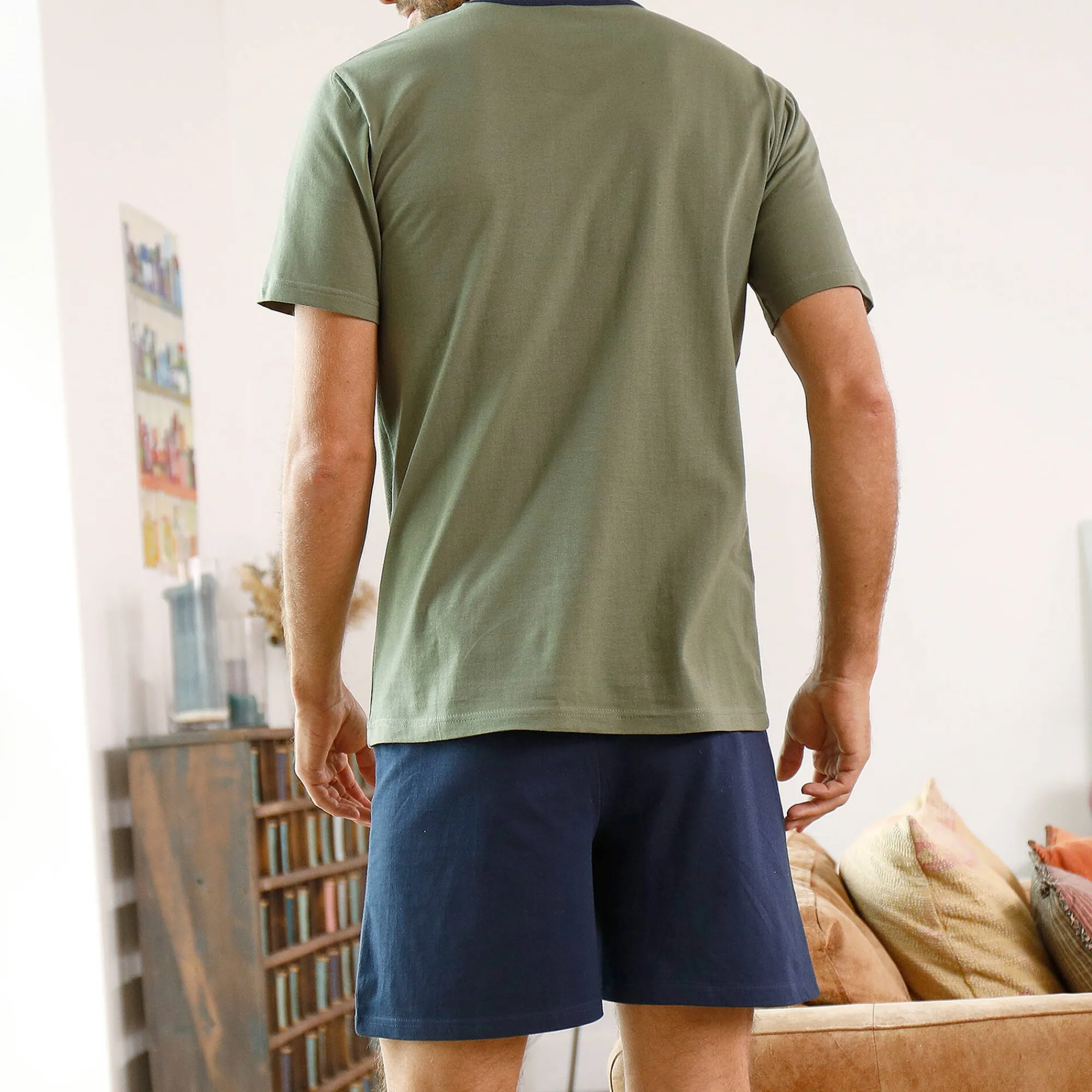 Pyjama En Kamerjas<Blancheporte Shortama in katoenjersey met korte mouwen kaki / marine