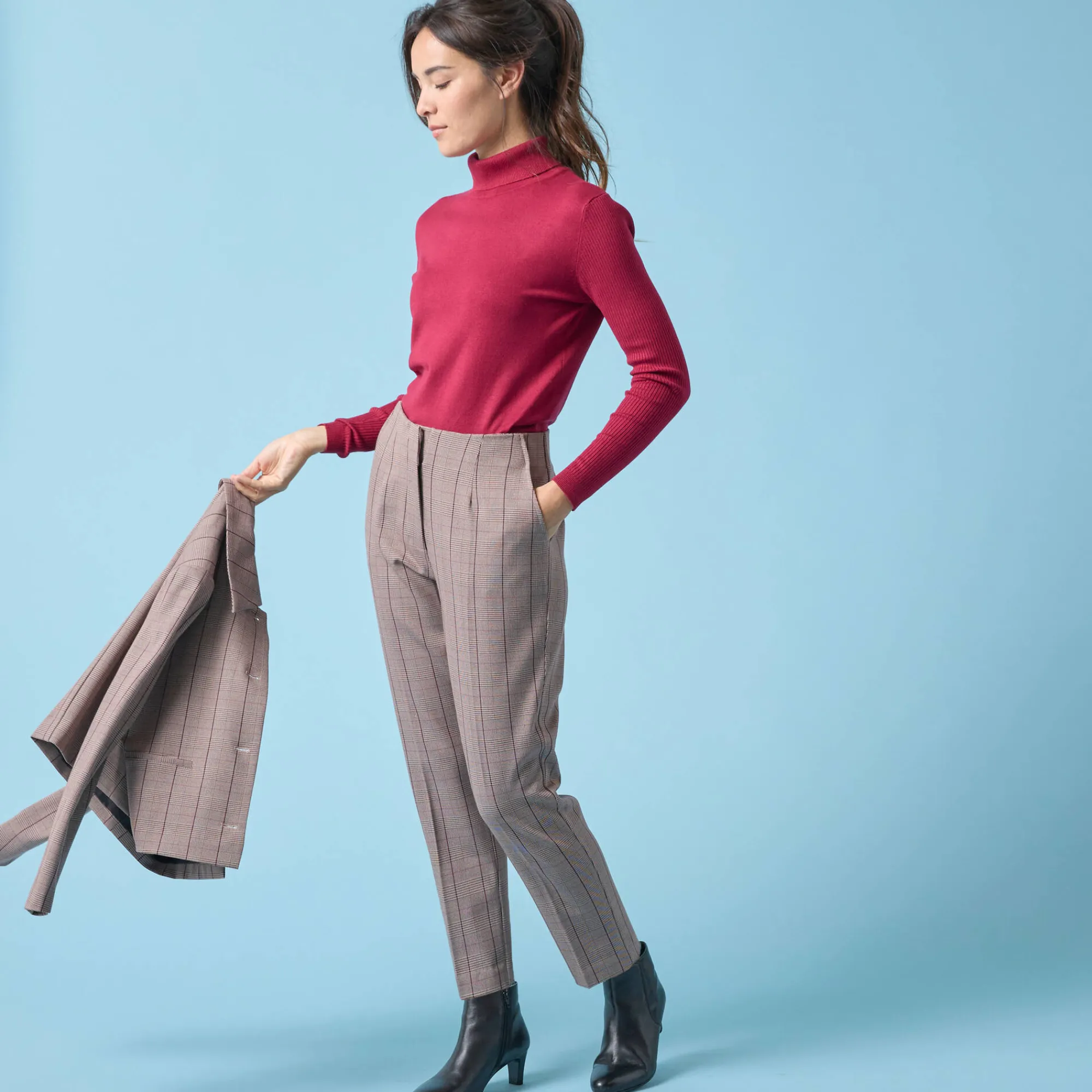 Broek<Blancheporte Slimbroek met ruitenprint, kleine lengtes chocolade