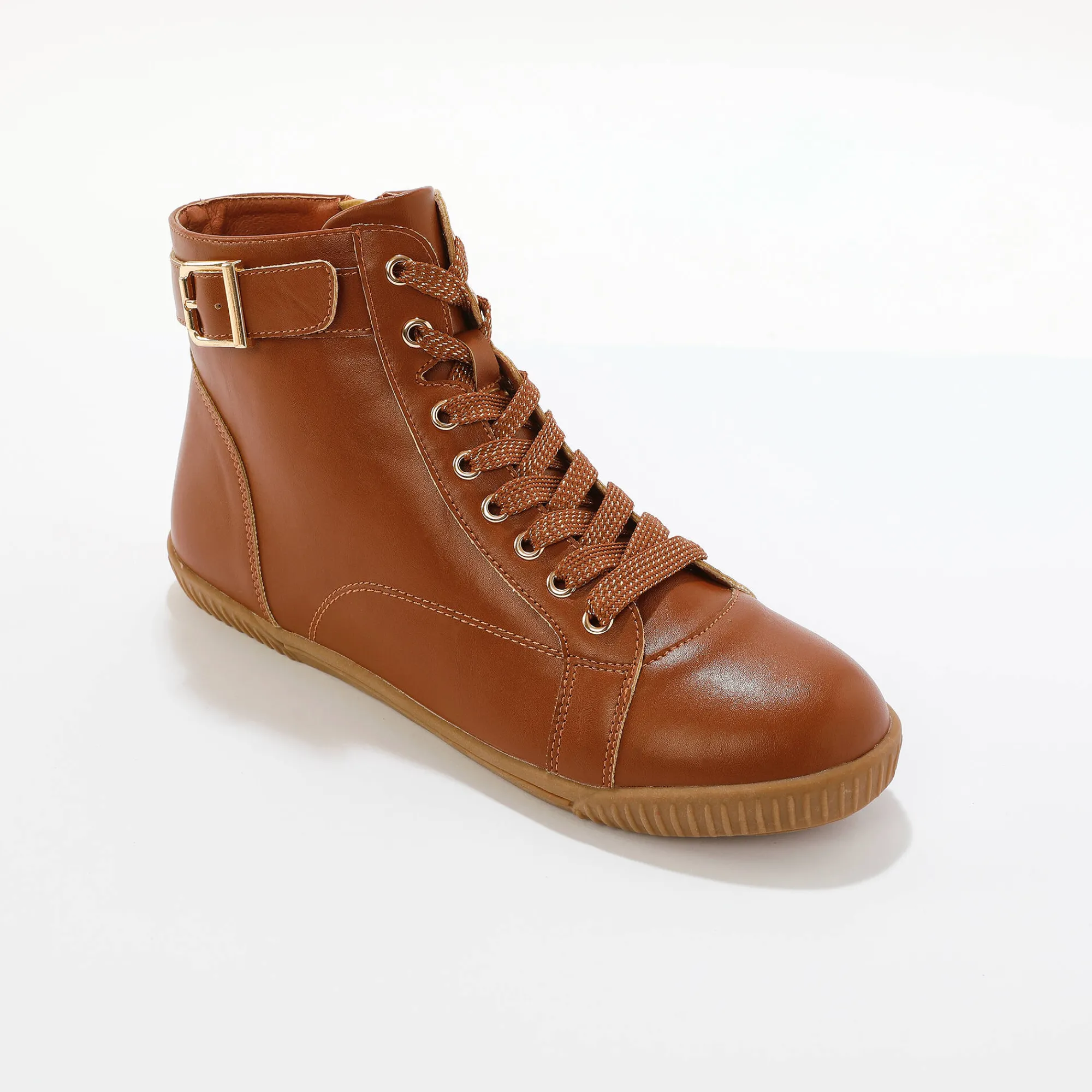 Baskets En Sneakers|Schoenen<Blancheporte Sneakers met hoge schacht, rits en goudkleurige gesp karamel