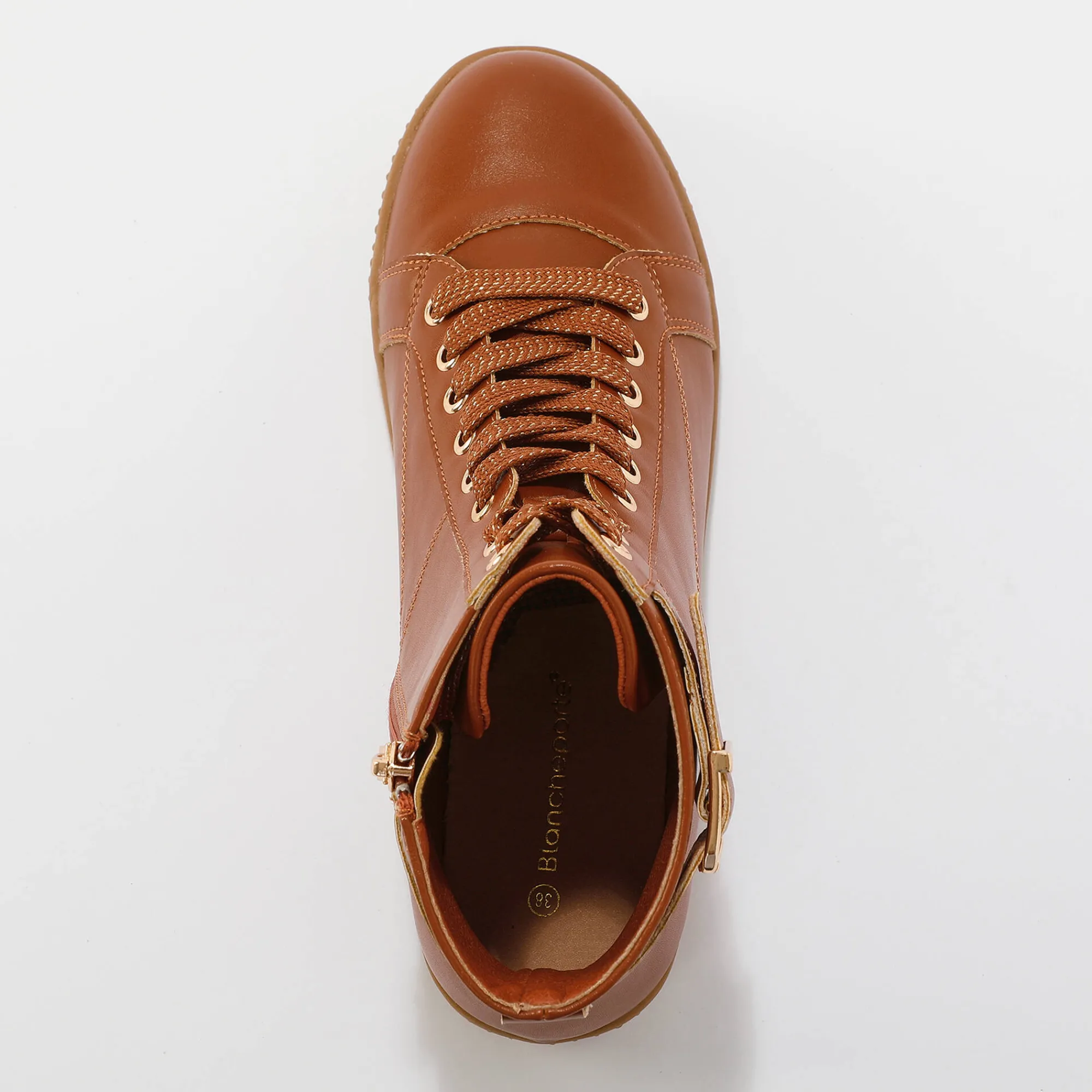 Baskets En Sneakers|Schoenen<Blancheporte Sneakers met hoge schacht, rits en goudkleurige gesp karamel