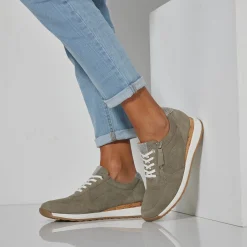 Baskets En Sneakers|Schoenen<Blancheporte Sneakers met rits, in soepel leer met zool in 2 materialen grijsgroen
