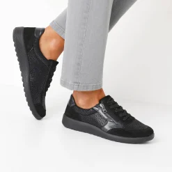 Baskets En Sneakers|Schoenen<Blancheporte Sneakers met veters en rits, in leer met rekbare pasjes zwart