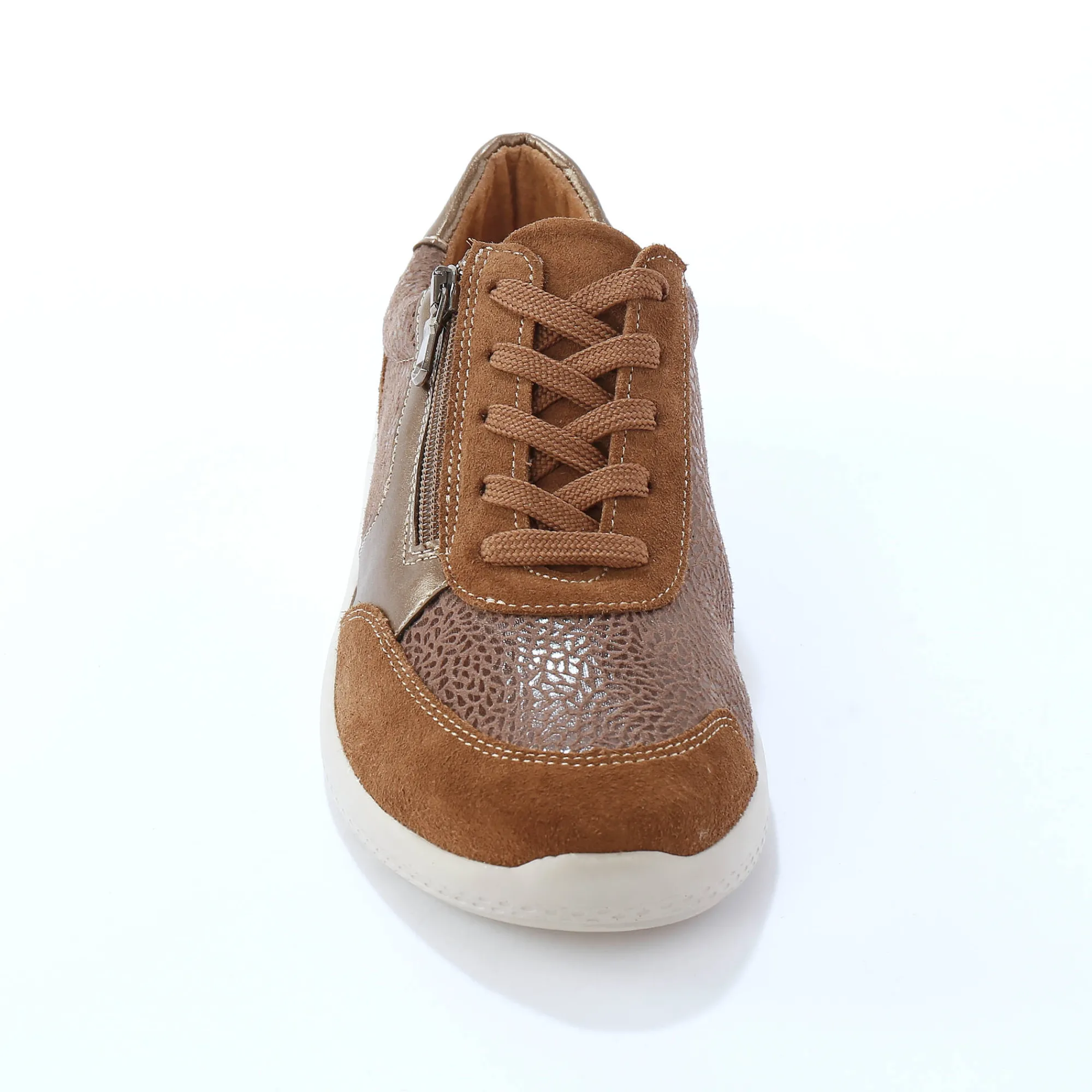 Baskets En Sneakers|Schoenen<Blancheporte Sneakers met veters en rits, in leer met rekbare pasjes taupe
