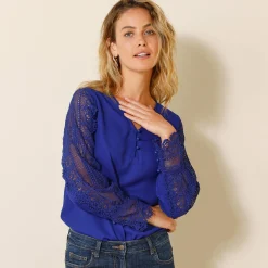 Feestoutfits Dames|Bloes En Tuniek<Blancheporte Soepele bloes met V-hals en lange mouwen, in macramé felblauw