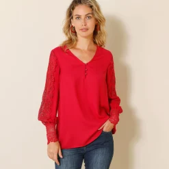 Feestoutfits Dames|Bloes En Tuniek<Blancheporte Soepele bloes met V-hals en lange mouwen, in macramé framboos