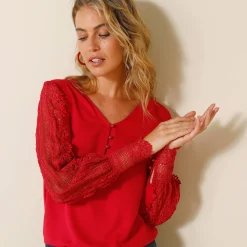 Feestoutfits Dames|Bloes En Tuniek<Blancheporte Soepele bloes met V-hals en lange mouwen, in macramé framboos