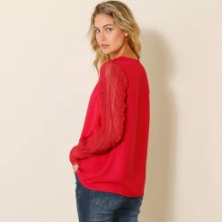 Feestoutfits Dames|Bloes En Tuniek<Blancheporte Soepele bloes met V-hals en lange mouwen, in macramé framboos