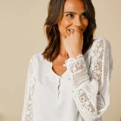 Feestoutfits Dames|Bloes En Tuniek<Blancheporte Soepele bloes met V-hals en lange mouwen, in macramé wit