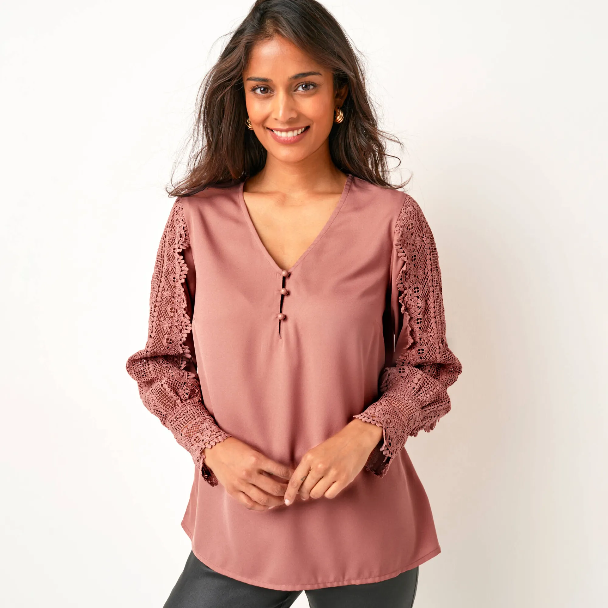 Feestoutfits Dames|Bloes En Tuniek<Blancheporte Soepele bloes met V-hals en lange mouwen, in macramé rozenhout
