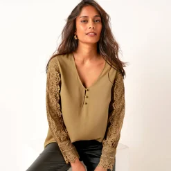 Feestoutfits Dames|Bloes En Tuniek<Blancheporte Soepele bloes met V-hals en lange mouwen, in macramé bronskleur