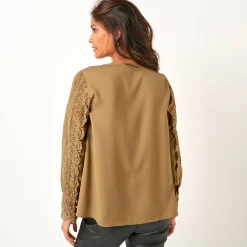 Feestoutfits Dames|Bloes En Tuniek<Blancheporte Soepele bloes met V-hals en lange mouwen, in macramé bronskleur