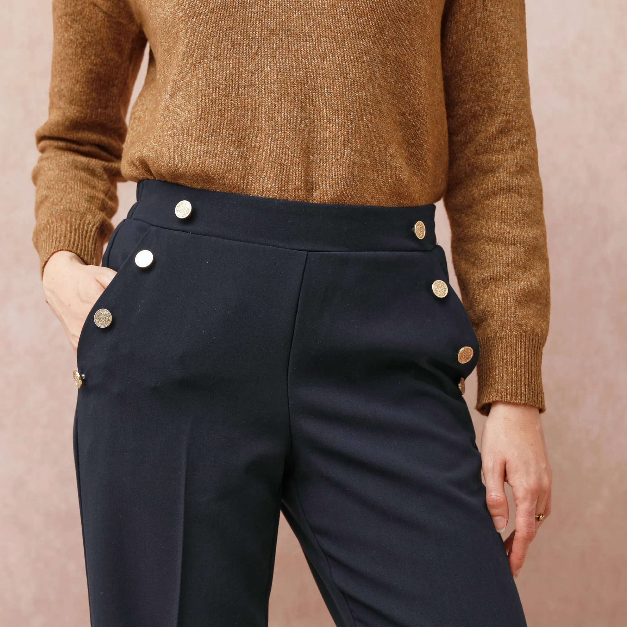 Broek<Blancheporte Soepele broek met knooppandeffect marine