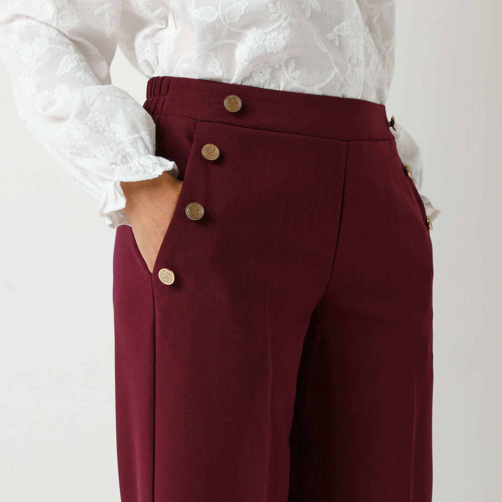 Feestoutfits Dames|Broek<Blancheporte Soepele broek met knooppandeffect wijnrood