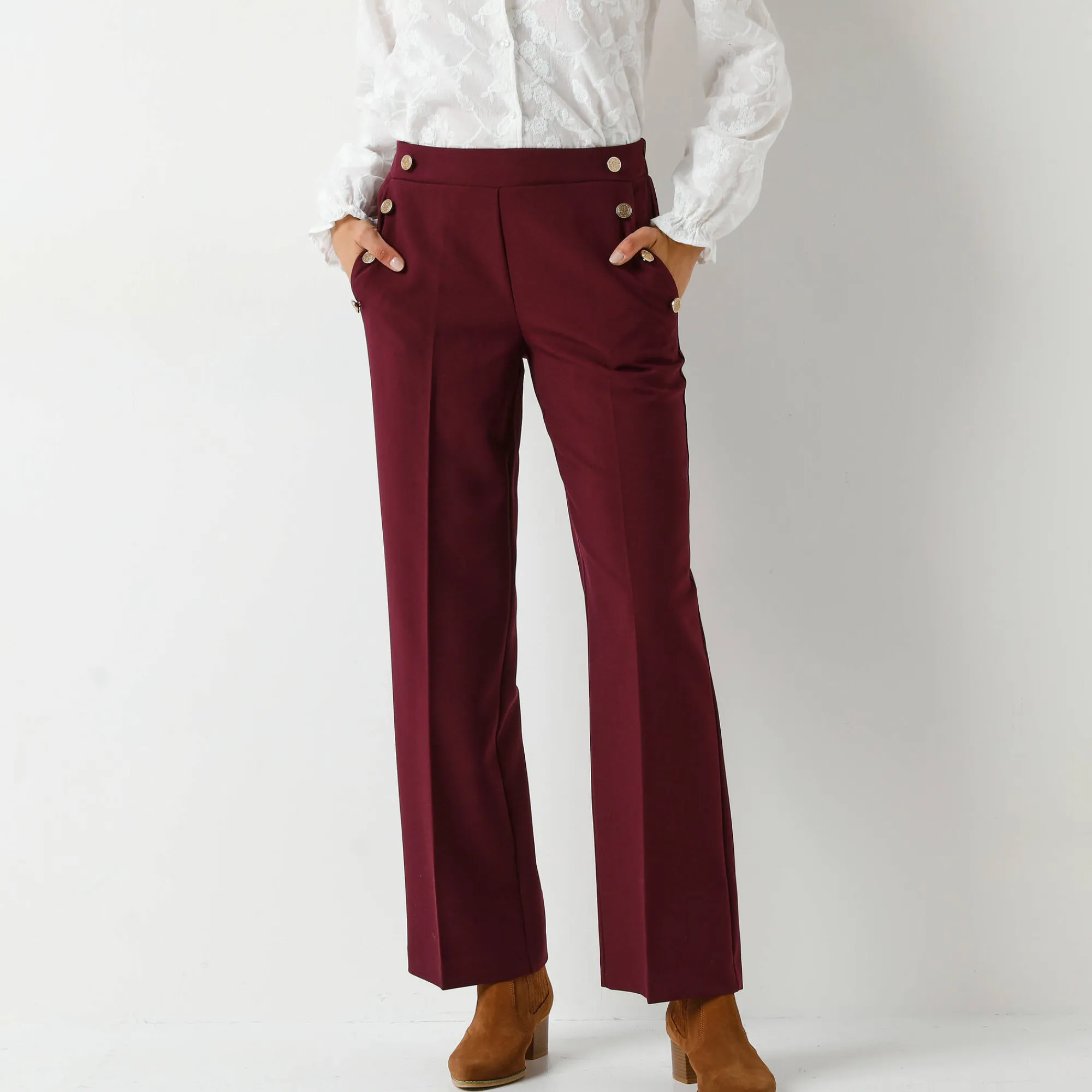 Feestoutfits Dames|Broek<Blancheporte Soepele broek met knooppandeffect wijnrood