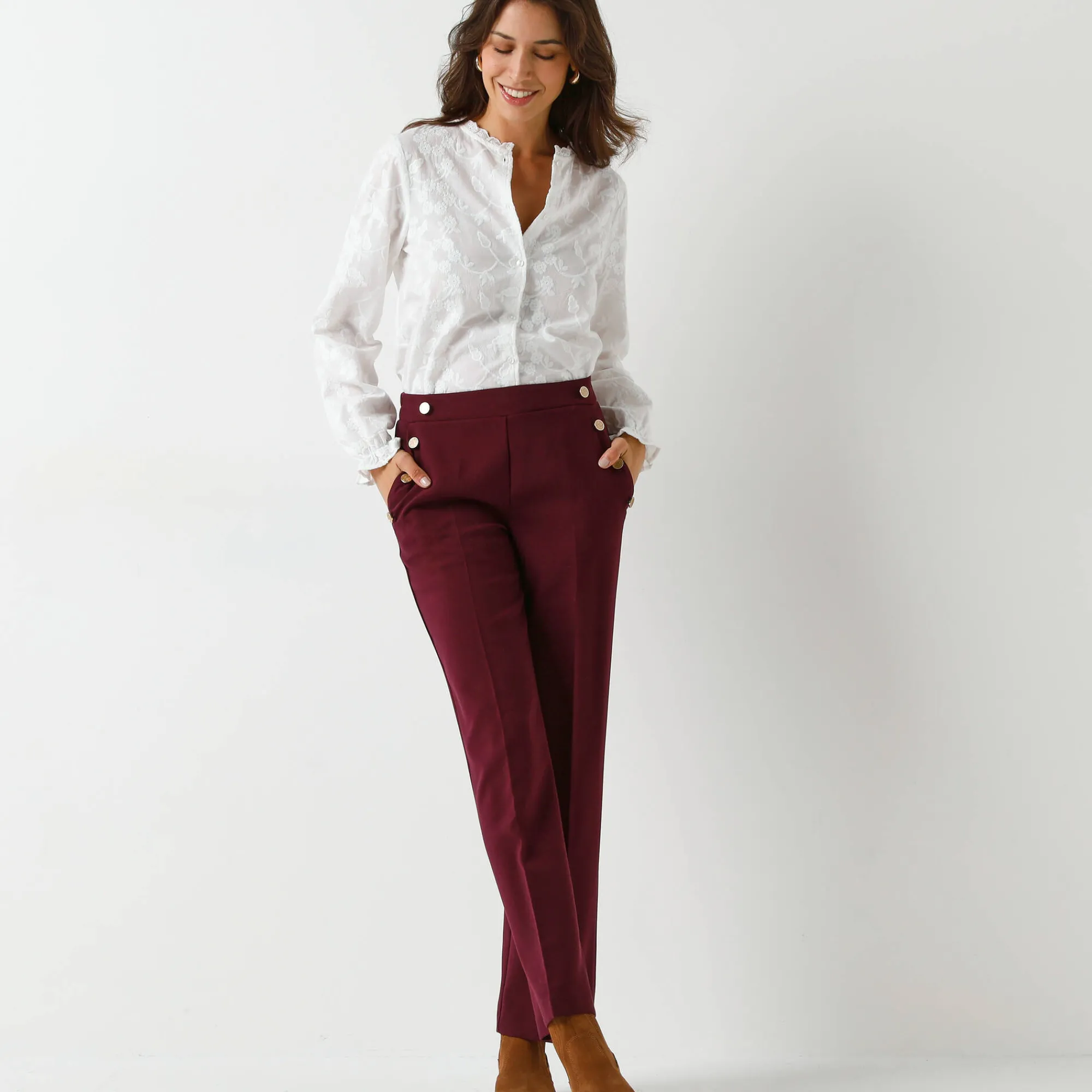 Feestoutfits Dames|Broek<Blancheporte Soepele broek met knooppandeffect wijnrood