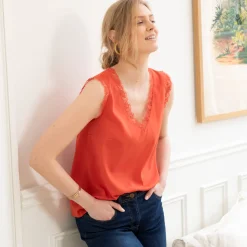 Bloes En Tuniek<Blancheporte Soepele caraco met V-hals en kant, crêpe van gerecycleerd polyester** paprika