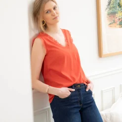 Bloes En Tuniek<Blancheporte Soepele caraco met V-hals en kant, crêpe van gerecycleerd polyester** paprika