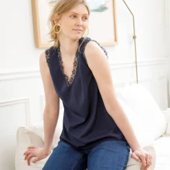 Bloes En Tuniek<Blancheporte Soepele caraco met V-hals en kant, crêpe van gerecycleerd polyester** marine