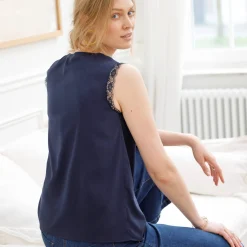 Bloes En Tuniek<Blancheporte Soepele caraco met V-hals en kant, crêpe van gerecycleerd polyester** marine