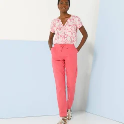 Broek<Blancheporte Soepele, nauwsluitende broek, linnen-katoen roze