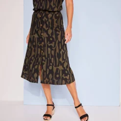 Rok<Blancheporte Soepele rok met knoopsluiting en grafische print, viscose kaki / zwart