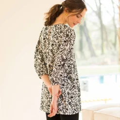 Bloes En Tuniek<Blancheporte Soepele tuniek met bloemenprint, 3/4-mouwen ecru / zwart
