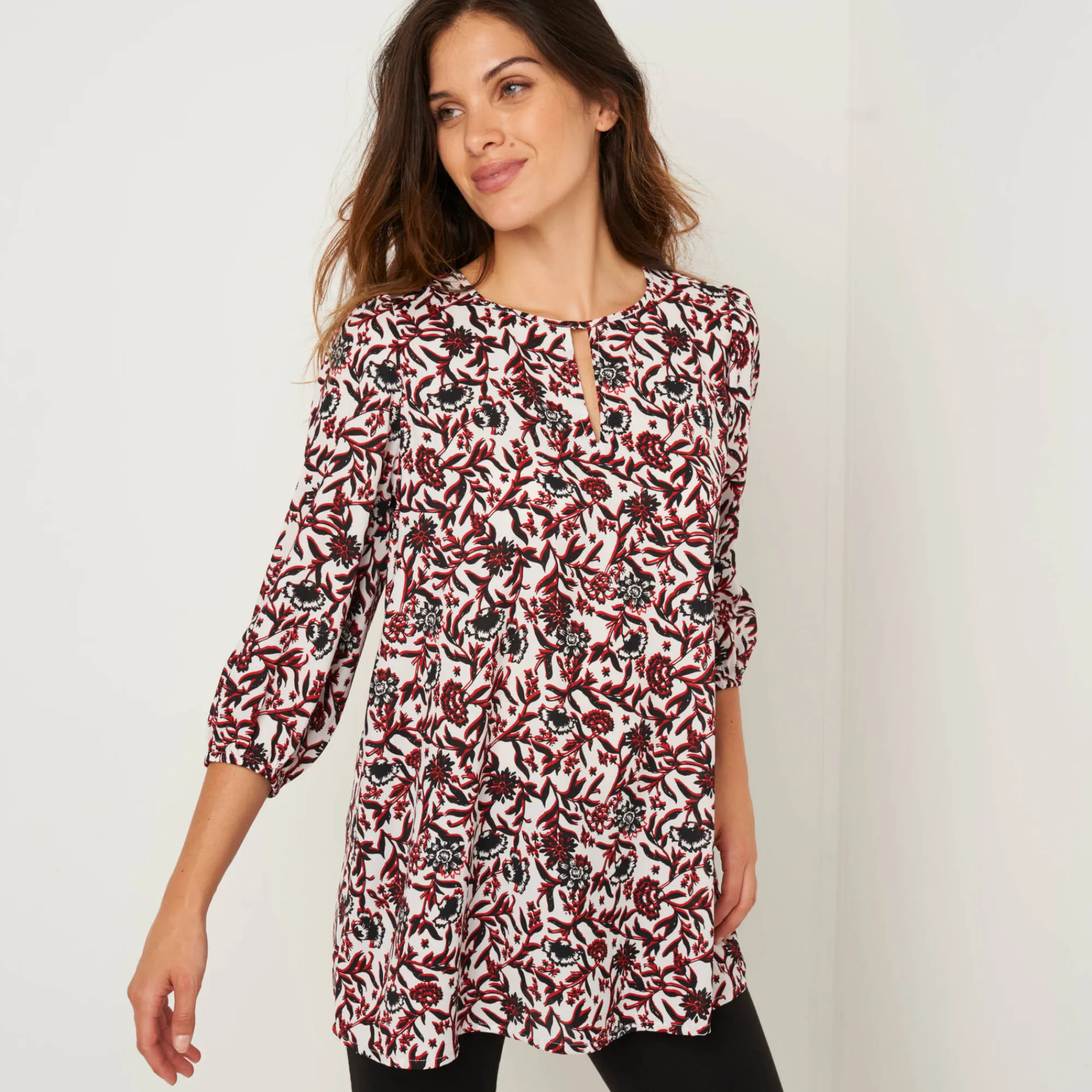 Feestoutfits Dames|Bloes En Tuniek<Blancheporte Soepele tuniek met bloemenprint, 3/4-mouwen zwart / rood