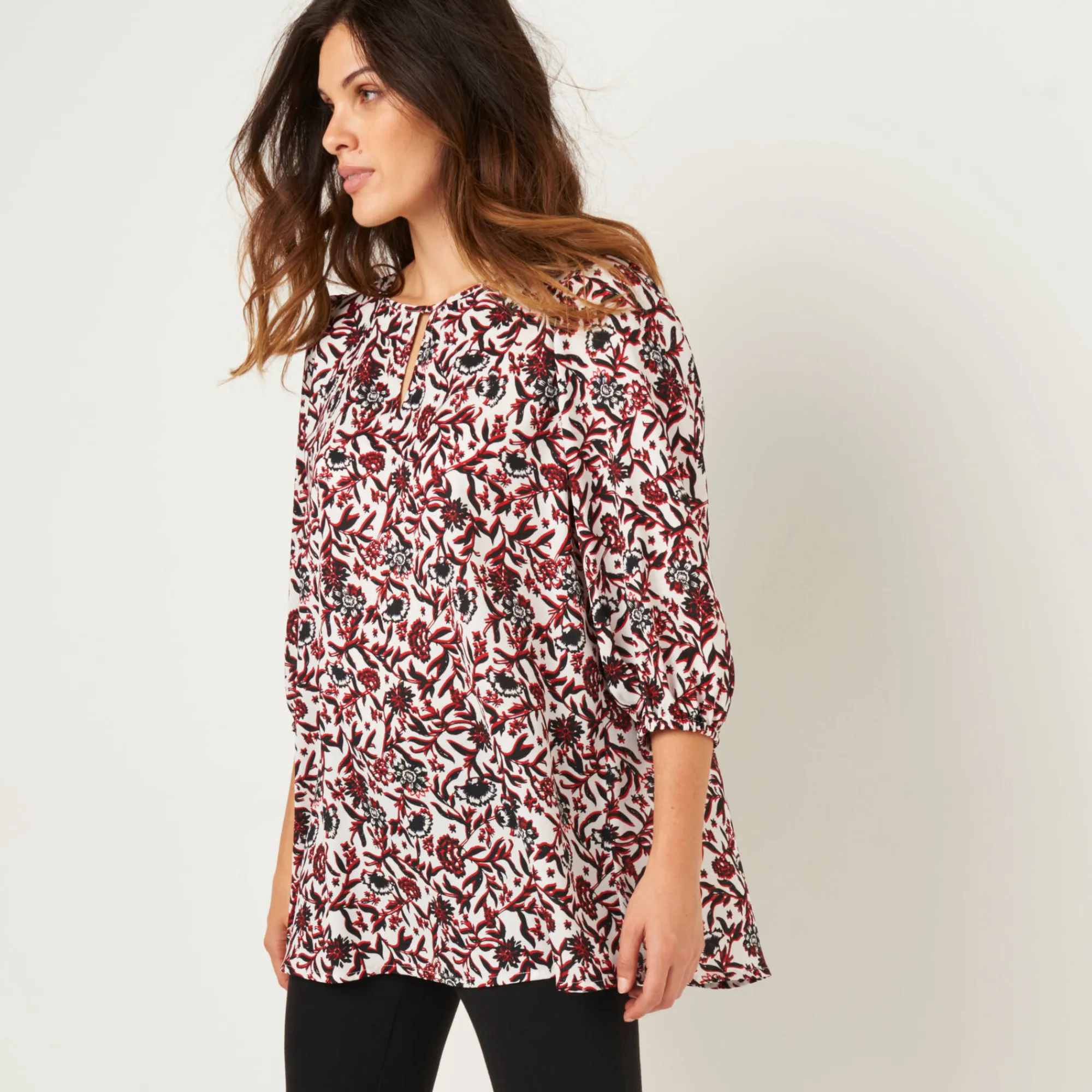 Feestoutfits Dames|Bloes En Tuniek<Blancheporte Soepele tuniek met bloemenprint, 3/4-mouwen zwart / rood