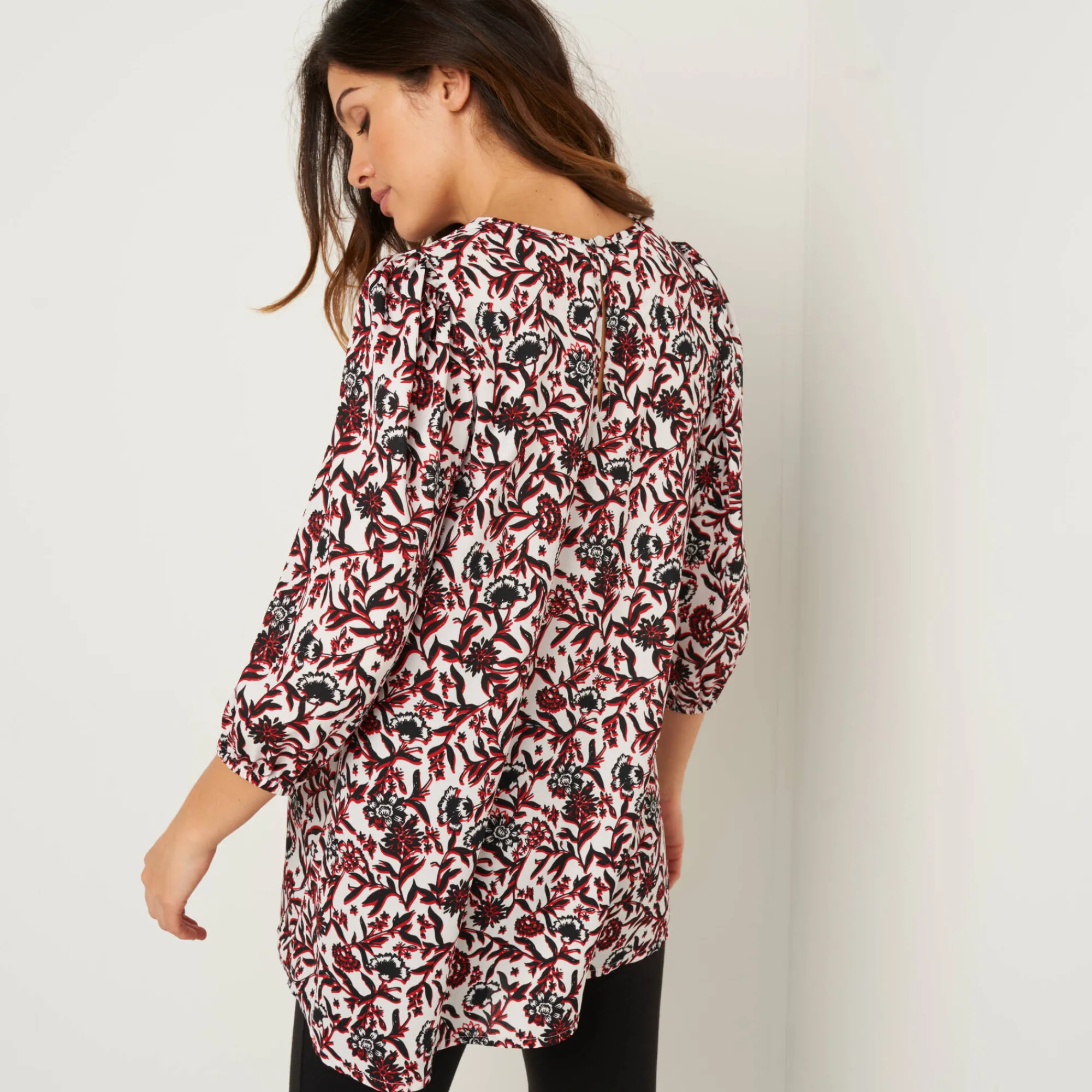 Feestoutfits Dames|Bloes En Tuniek<Blancheporte Soepele tuniek met bloemenprint, 3/4-mouwen zwart / rood