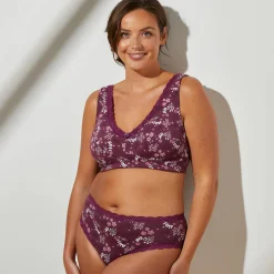 Beha<Confidence Lingerie Steungevende beha in katoen met bloemenprint "Capella" - zonder beugels pruim