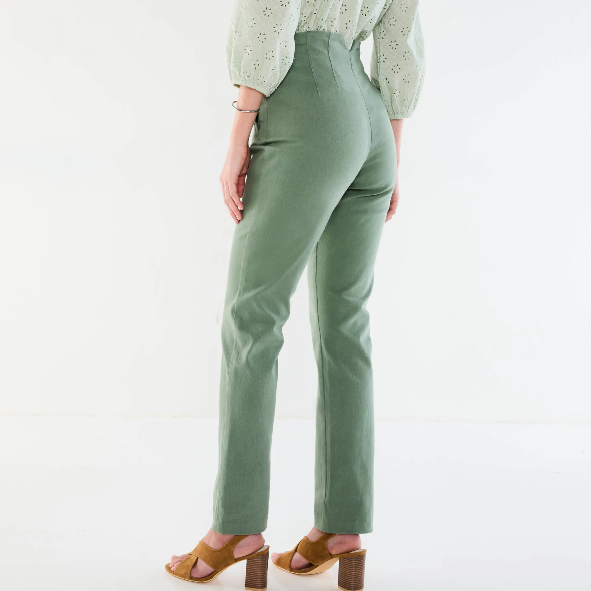 Broek<Blancheporte Steungevende broek, recht model met hoge taille grijsgroen