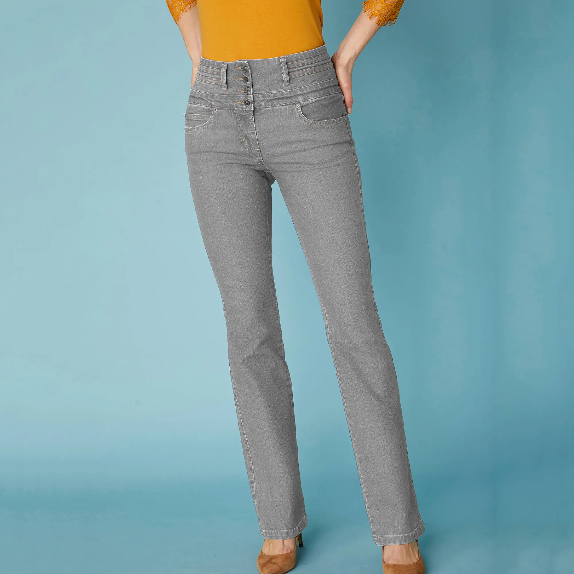 Jeans|Broek<Blancheporte Stretchjeans in bootcutmodel met hoge taille - binnenpijplengte 78 cm grijs
