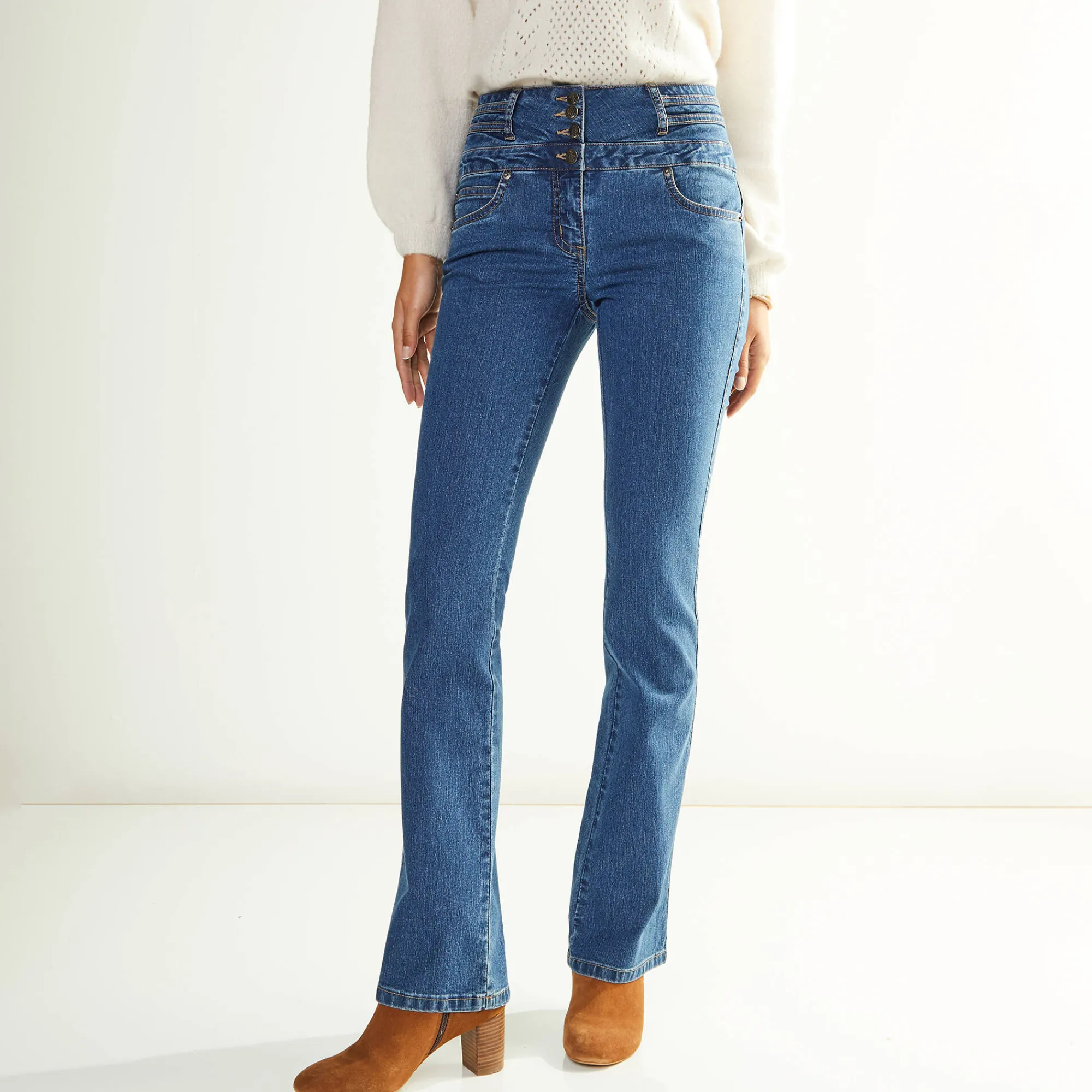 Jeans|Broek<Blancheporte Stretchjeans in bootcutmodel met hoge taille - binnenpijplengte 78 cm stone