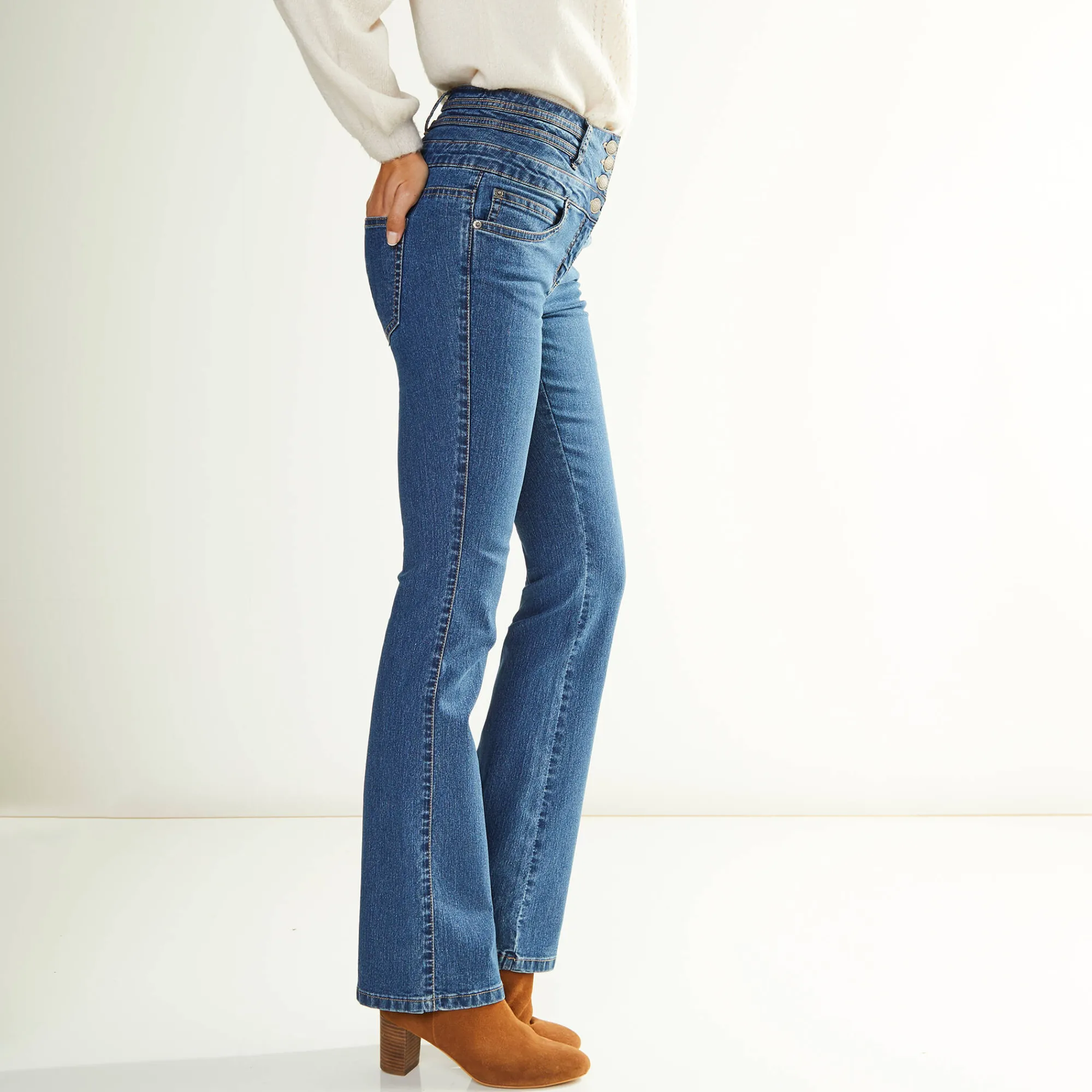 Jeans|Broek<Blancheporte Stretchjeans in bootcutmodel met hoge taille - binnenpijplengte 78 cm stone
