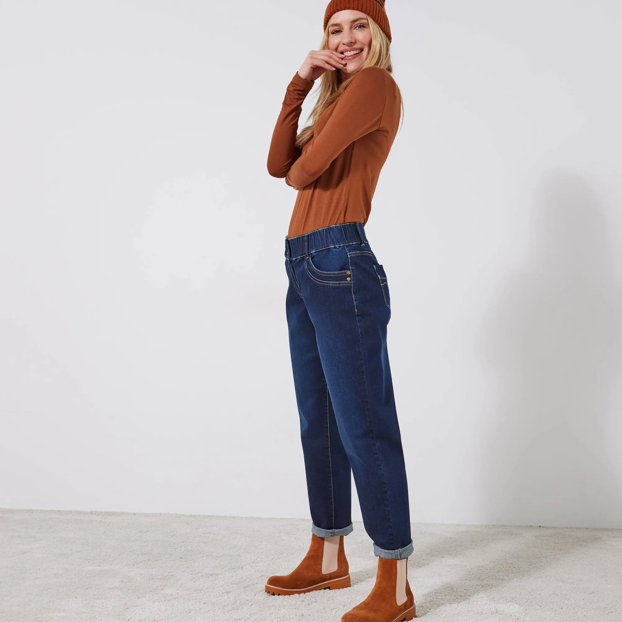 Jeans|Broek<Blancheporte Stretchjeans 'mom' model met elastische taille dark blue