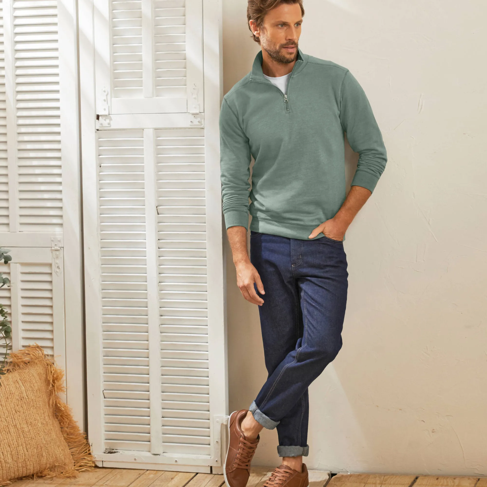 Sweater|Trui En Vest<Blancheporte Sweater in molton met truckerskraag linde