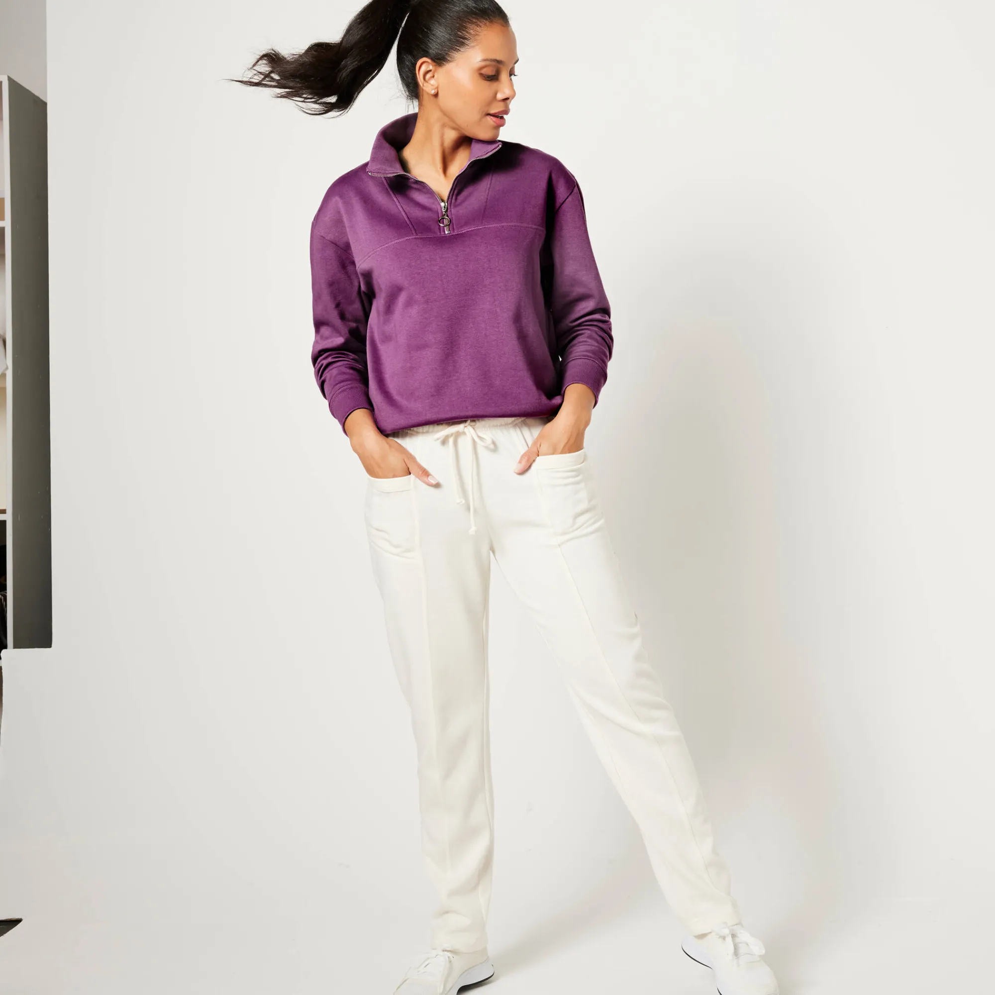 Trui En Vest<Blancheporte Sweater met opstaande ritskraag in geruwd molton paarsrood