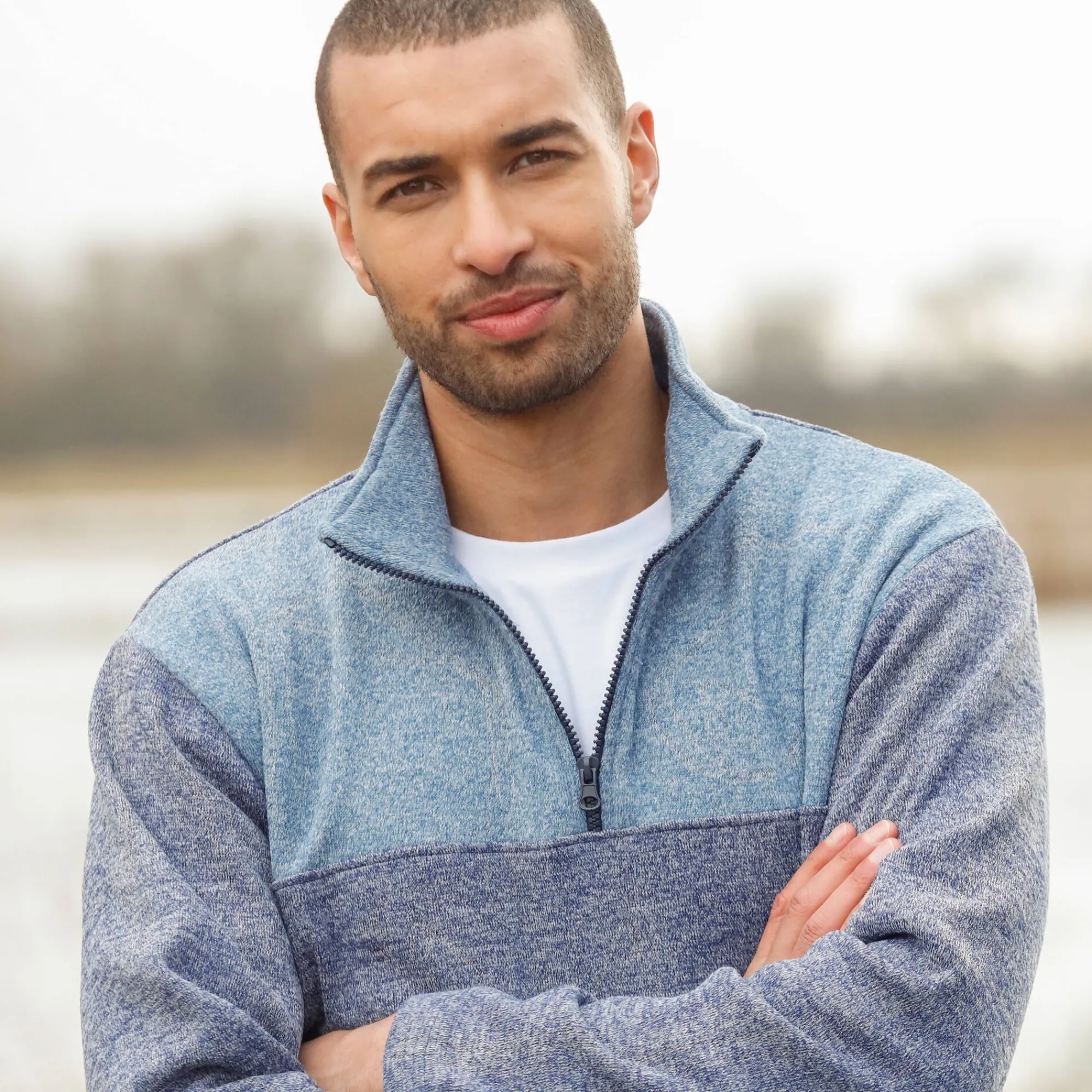 Sweater|Trui En Vest<Blancheporte Sweater met truckerskraag en rits, in tricot met moltonvoering chiné blauw