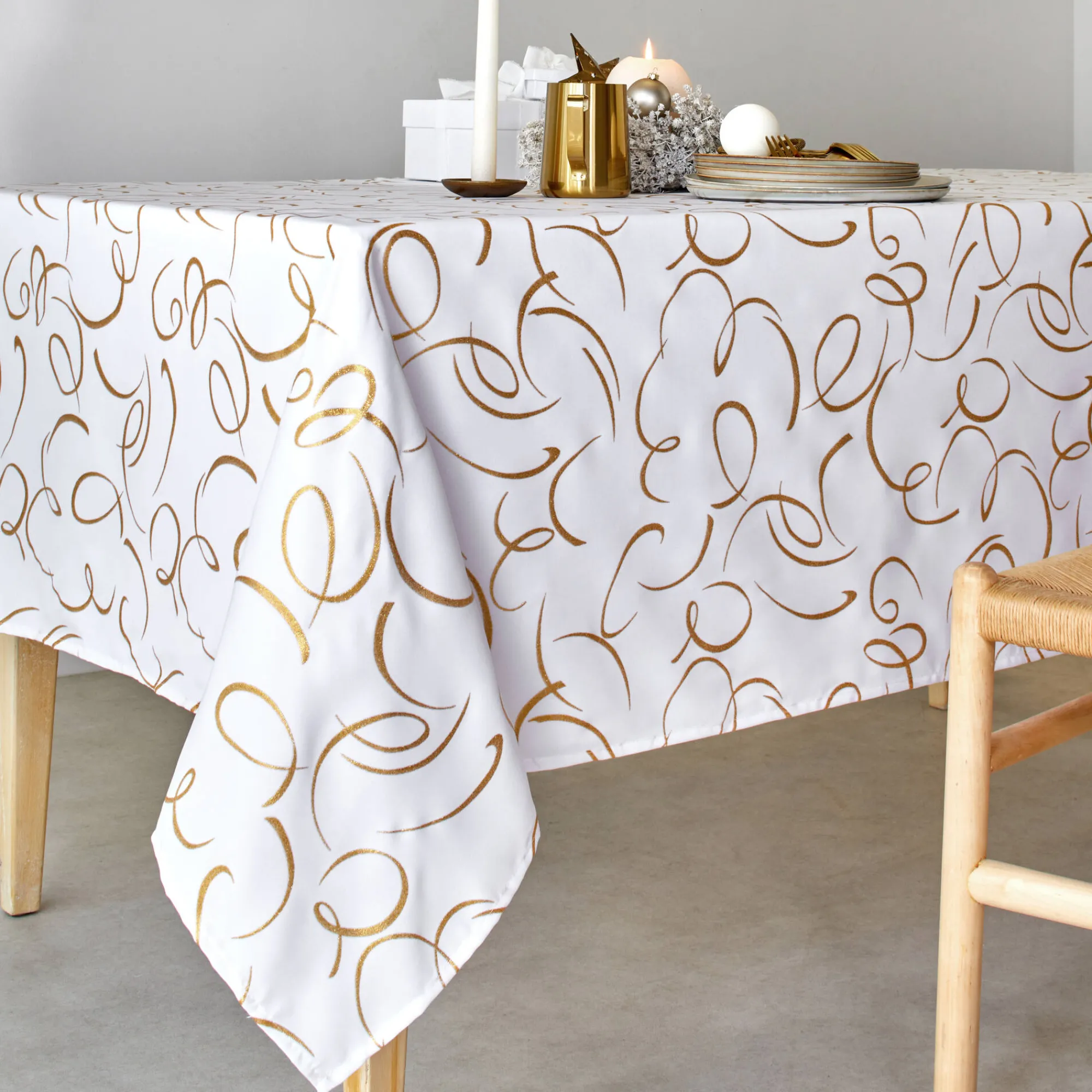 Feesttafel|Tafellaken En Tafelloper<Blancheporte Tafellaken bedrukt met goudkleurige slierten wit / goudkleurig