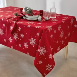 Feesttafel|Tafellaken En Tafelloper<Blancheporte Tafellaken bedrukt met zilverkleurige sneeuwvlokken rood / zilverkleurig