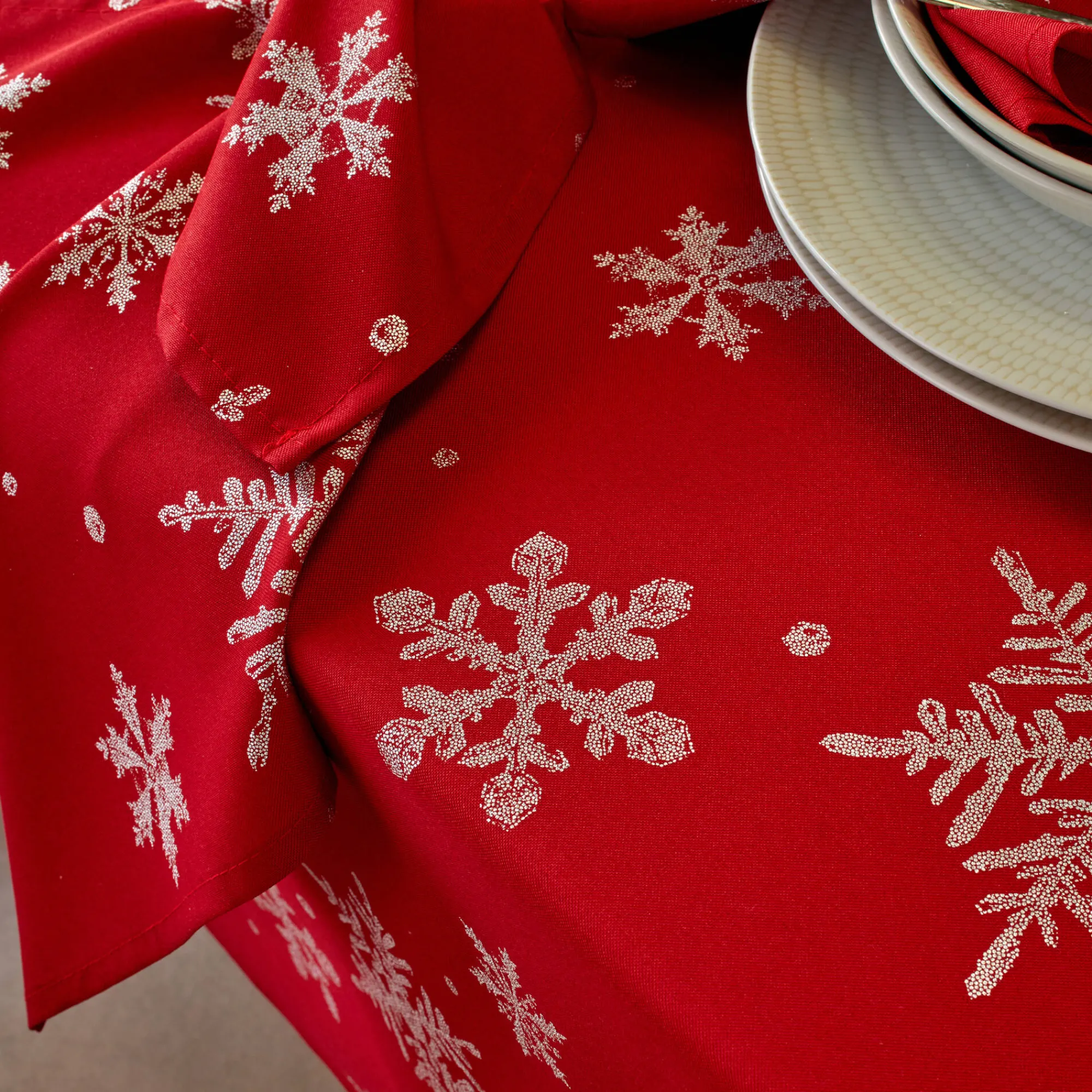 Feesttafel|Tafellaken En Tafelloper<Blancheporte Tafellaken bedrukt met zilverkleurige sneeuwvlokken rood / zilverkleurig