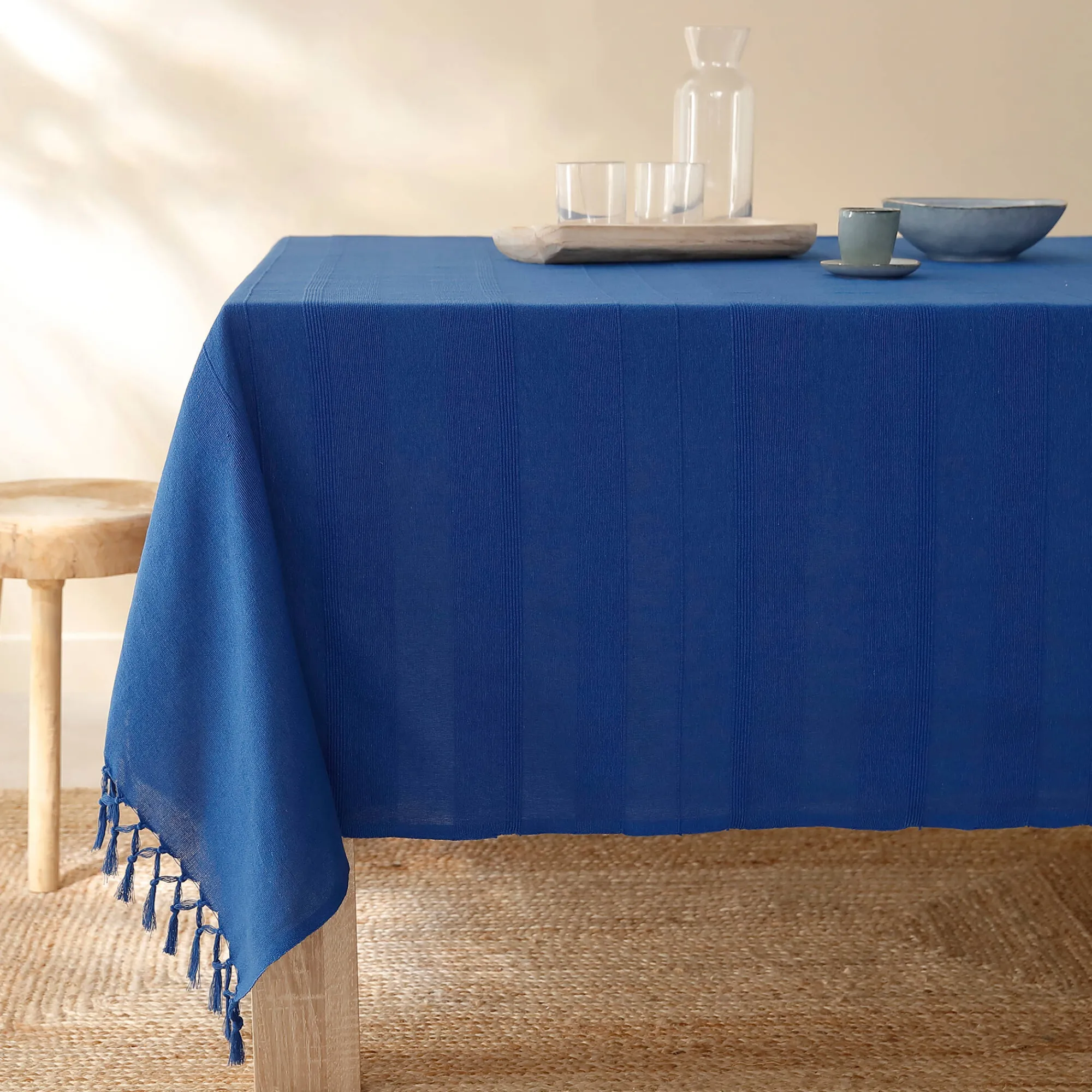 Tafellaken En Tafelloper<Blancheporte Tafellaken in katoen met artisanaal weefsel blauw