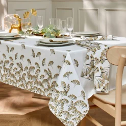 Feesttafel|Tafellaken En Tafelloper<Blancheporte Tafellaken in katoen, metallic gingkoprint wit / goudkleurig