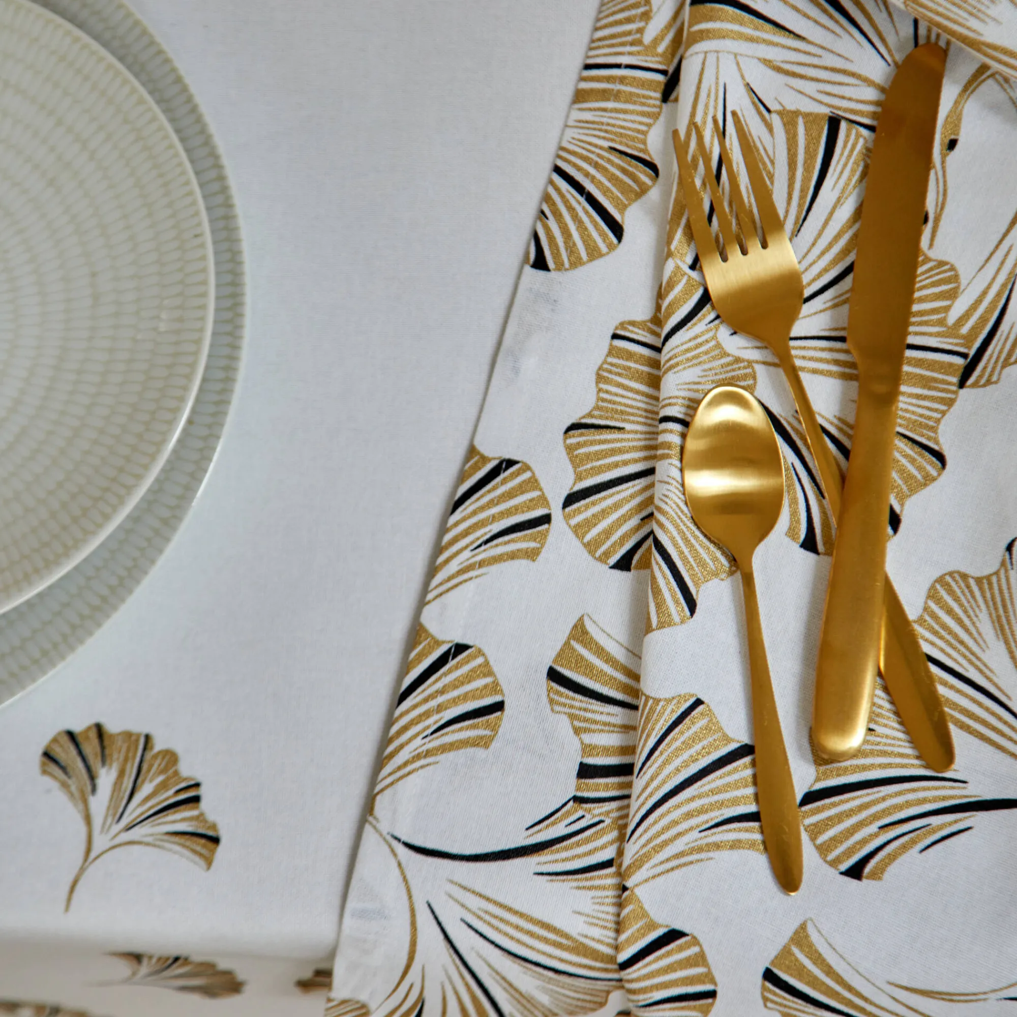 Feesttafel|Tafellaken En Tafelloper<Blancheporte Tafellaken in katoen, metallic gingkoprint wit / goudkleurig