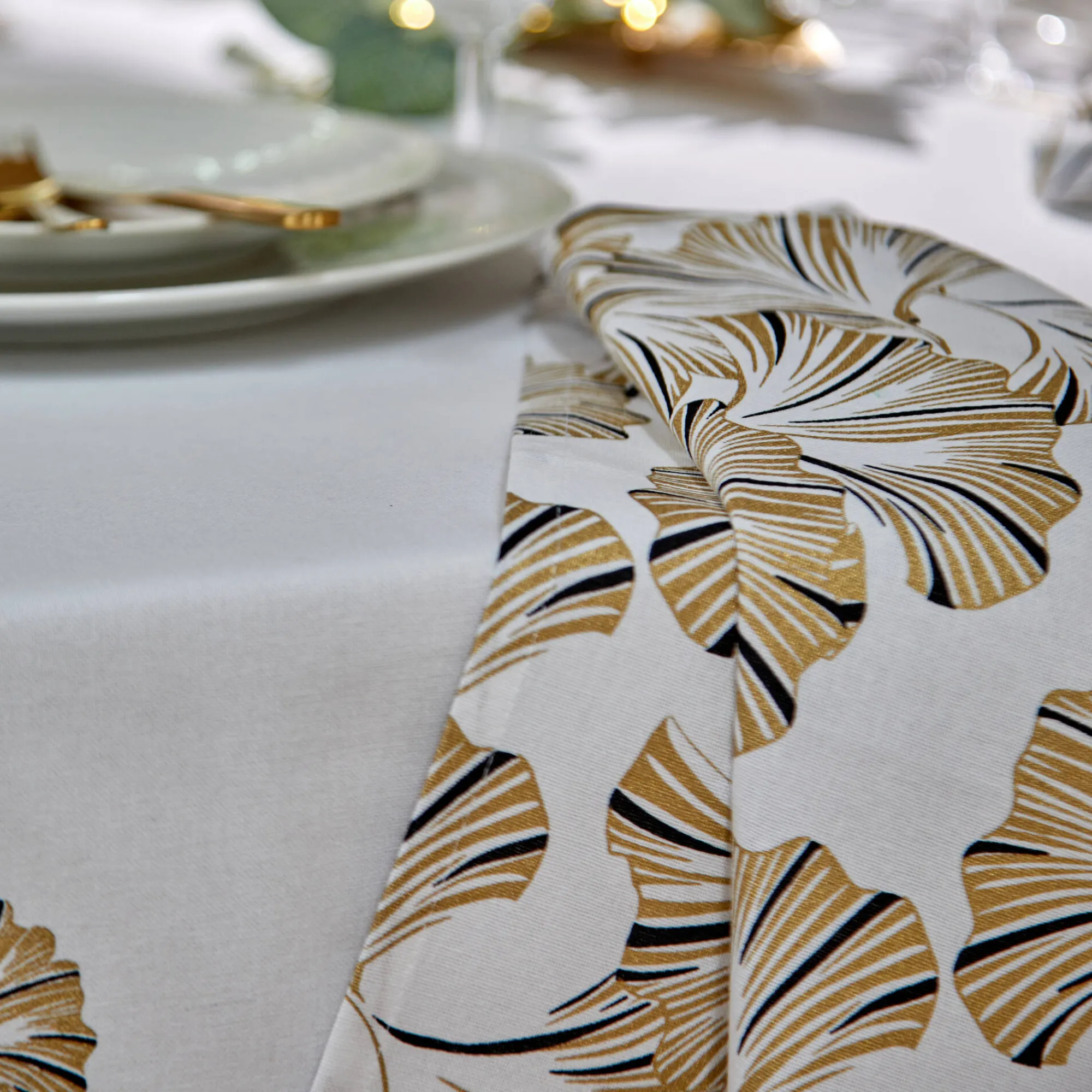 Feesttafel|Tafellaken En Tafelloper<Blancheporte Tafellaken in katoen, metallic gingkoprint wit / goudkleurig